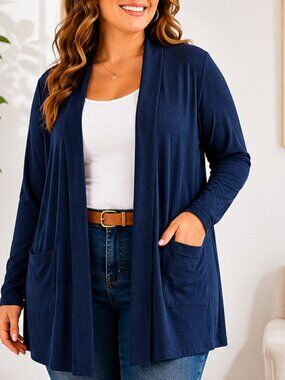 Women’s Plus Size Navy Blue Open Front Cardigan | Soft Lightweight Sweater